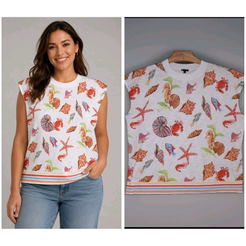 Talbots Plus Cap Sleeve Shirt Top Size 2X Soft Cotton Playful Underwater World